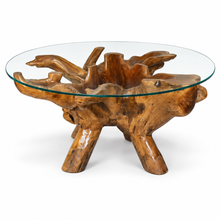 Teak Wood Root Coffee Table Including 43 Inch Round Glass Top