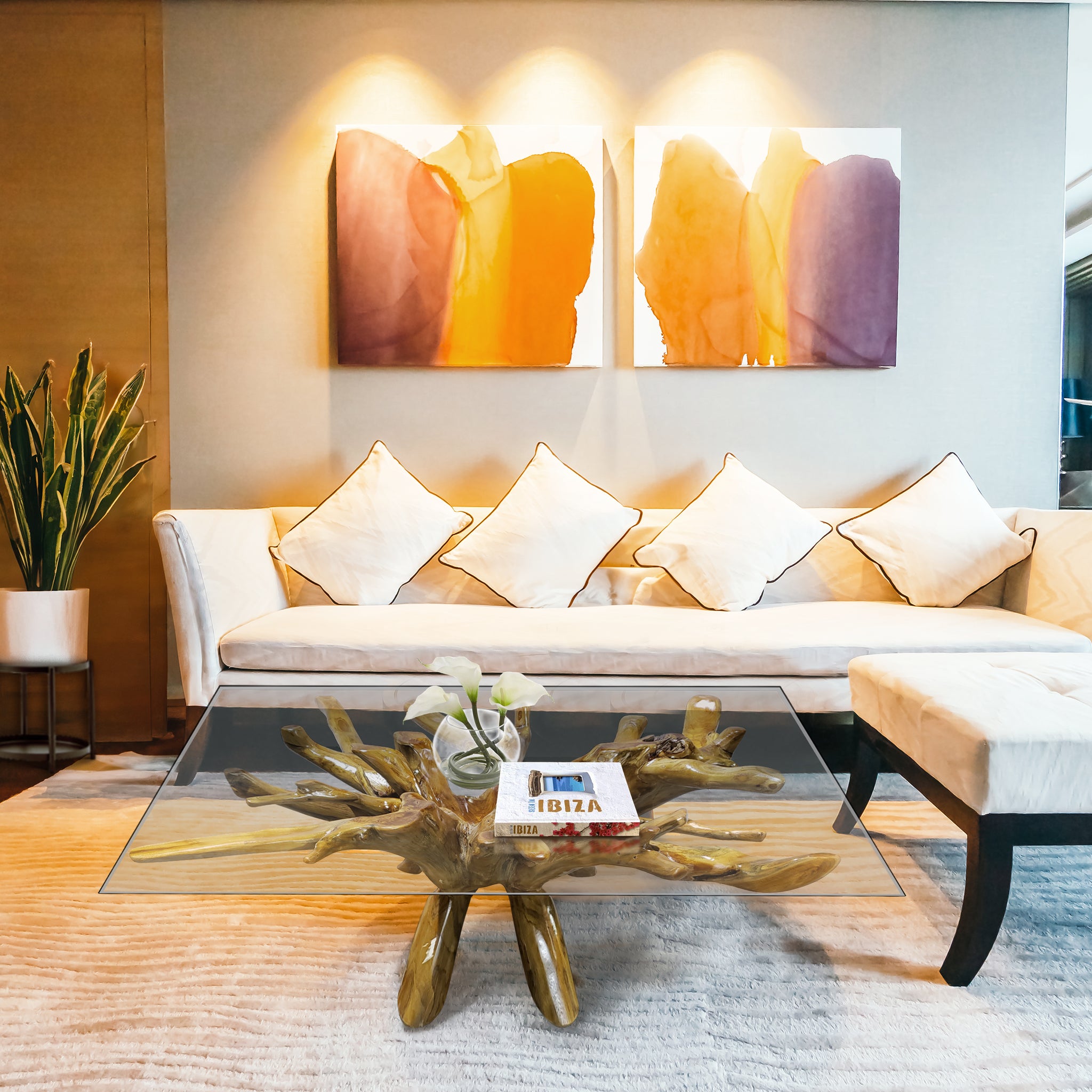 Teak Wood Root Coffee Table Including 55 inch Square Glass Top by Chic ...