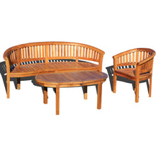 3 Piece Teak Wood Peanut Patio Lounge Set, Triple Bench, Chair & Coffee Table