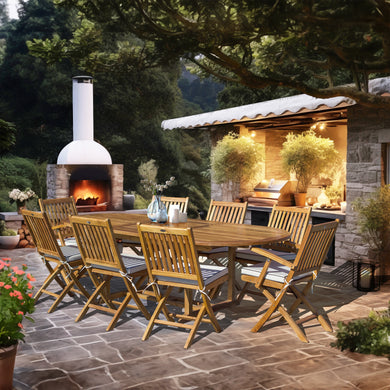 9 Piece Teak Wood Santa Barbara Patio Dining Set with Oval Extension Table, 2 Folding Arm Chairs and 6 Folding Side Chairs - Chic Teak