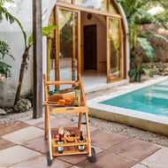 Teak Wood Serving Trolley with Serving Tray, Bottle Holders and Rubber Wheels - Chic Teak