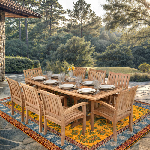 9 Piece Teak Wood Dining Set with Semi-Oval Extension Table and 8 Abaco Arm Chairs