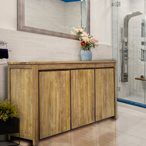 Recycled Teak Wood Valencia Bathroom Linen Cabinet with 3 Doors