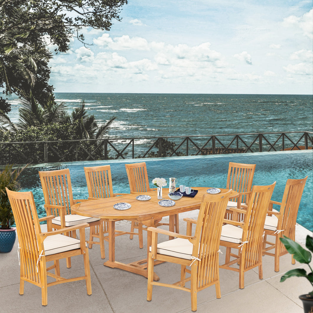 9 Piece Teak Wood Balero Outdoor Patio Dining Set including Oval Extension Table & 8 Arm Chairs