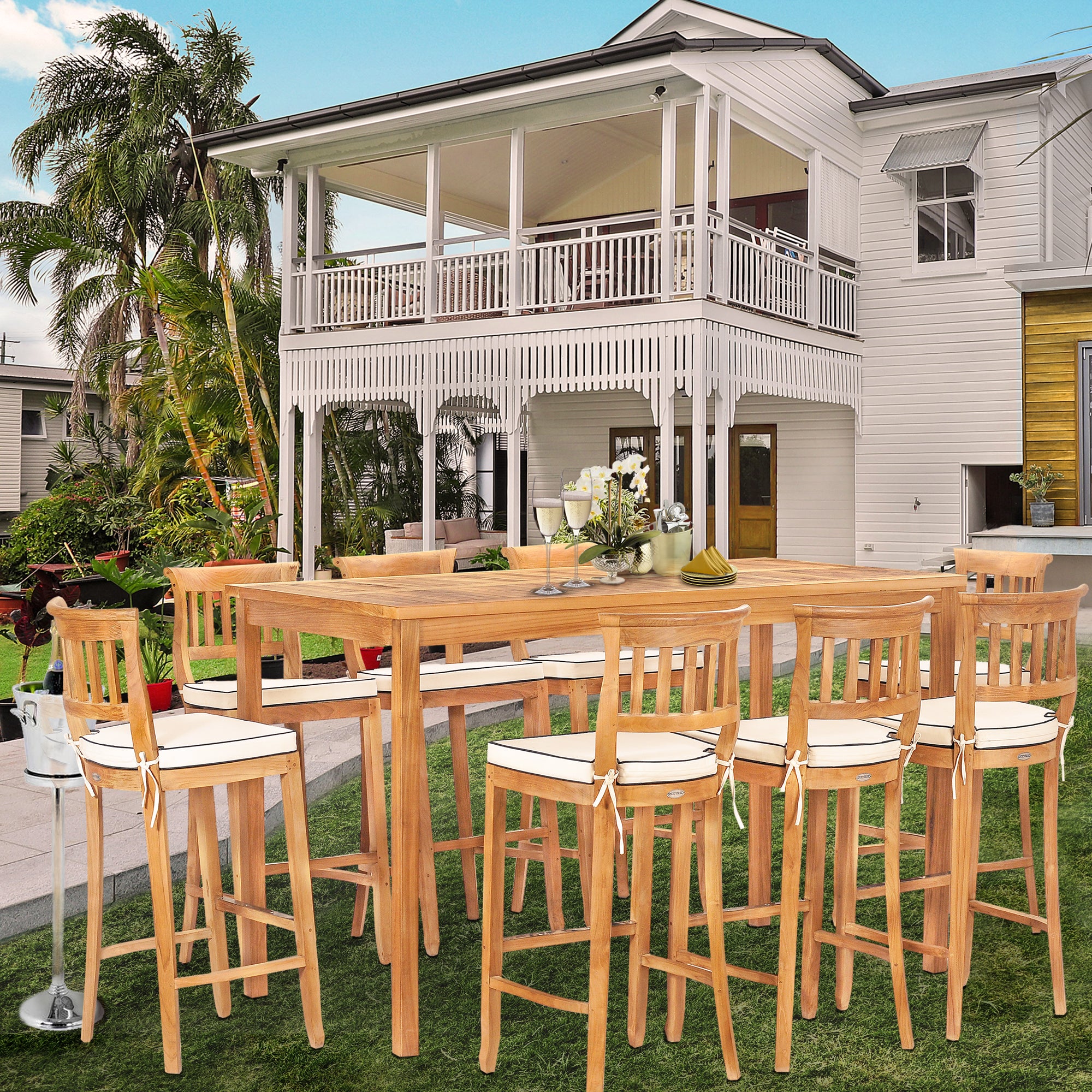 9 Piece Teak Wood Amsterdam 71" Rectangular Bar Set including 8 ...