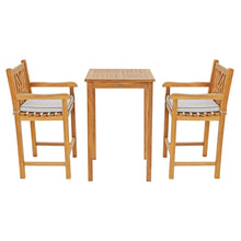 3 Piece Teak Wood Chippendale Intimate Bistro Bar Set with 27" Table and 2 Barstools with Arms