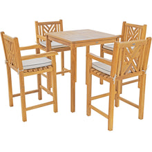 5 Piece Teak Wood Chippendale Bistro Bar Set with 35" Table and 4 Barstools with Arms
