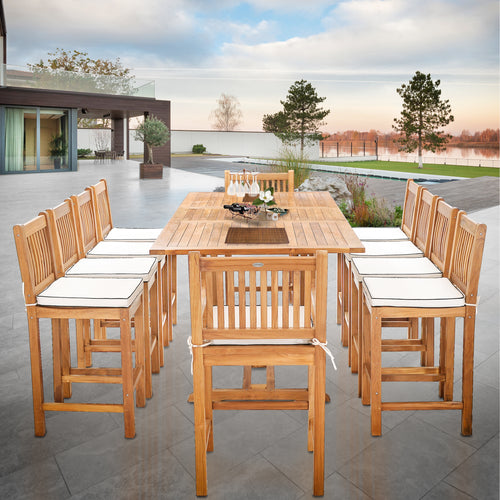 11 Piece Teak Wood Elzas Rectangular Extension Bar Table Dining Set with 2 Arm and 8 Armless Bar Chairs
