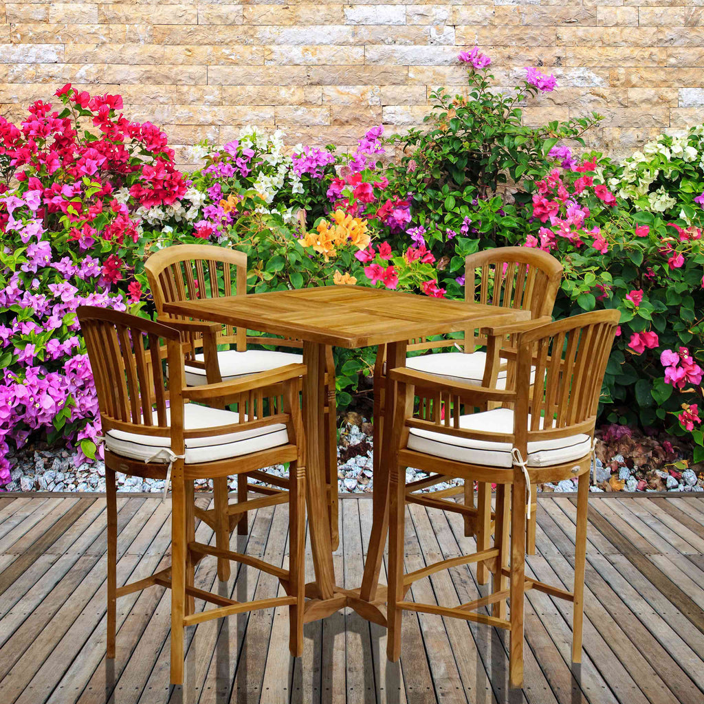 5 Piece Square Teak Wood Orleans Bar Table/Chair Set With Cushions by ...