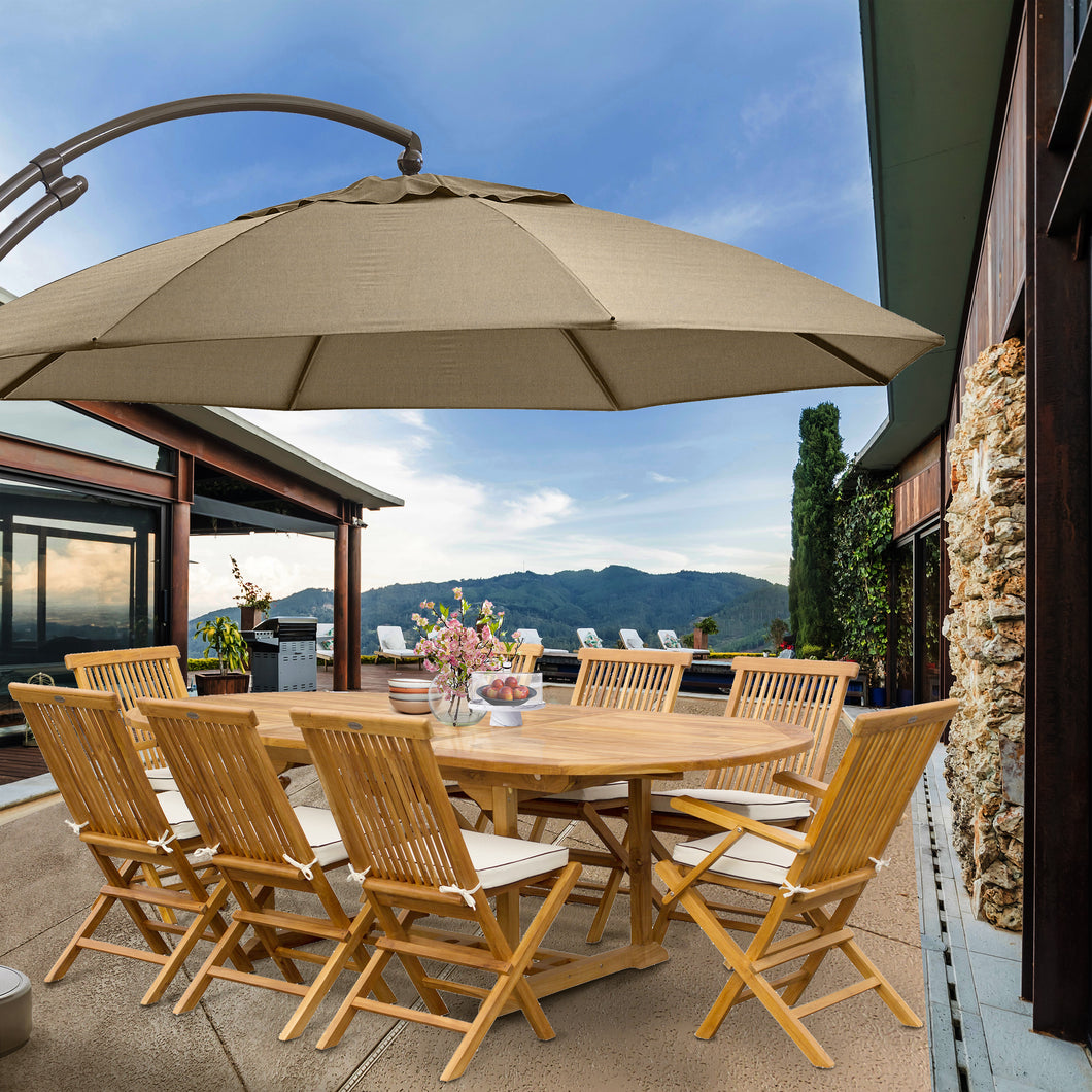 9pc teak patio table dining sets with umbrella furniture 9 Piece Teak Wood Miami Patio Dining Set with Oval Extension Table, 2 Folding Arm Chairs and 6 Folding Side Chairs