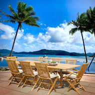 9 Piece Teak Wood Miami Patio Dining Set with Rectangular Extension Table, 2 Folding Arm Chairs and 6 Folding Side Chairs - Chic Teak