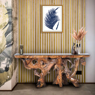 Teak Wood Root Console Table with Glass Top, 72 inches - Chic Teak