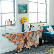 Teak Wood Root Console Table with Glass Top, 72 inches - Chic Teak