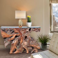 Teak Wood Root Console Table with Glass Top, 48 inches - Chic Teak