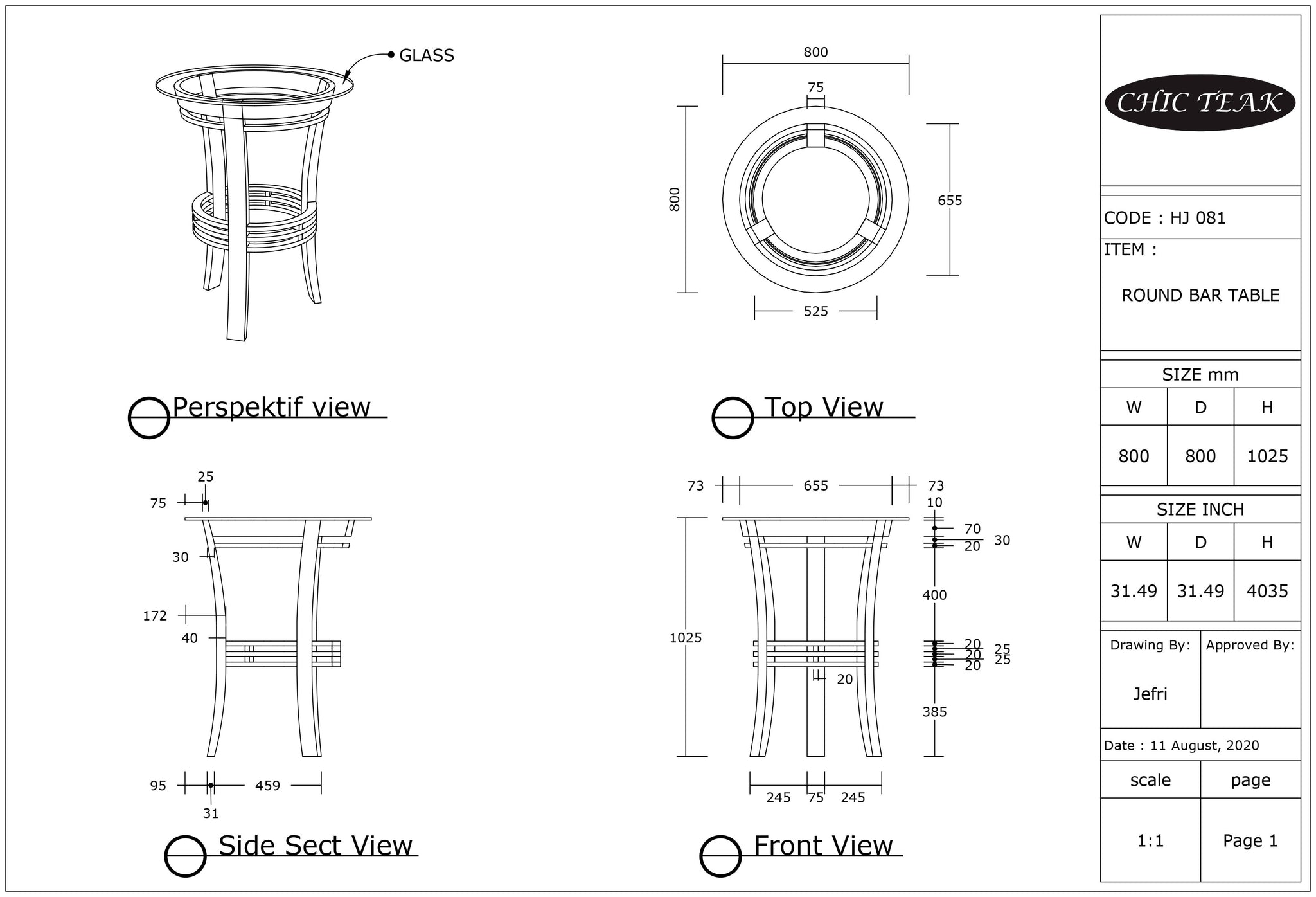 Teak Wood Half Moon Bar Table with 36" Round Glass Top by Chic Teak