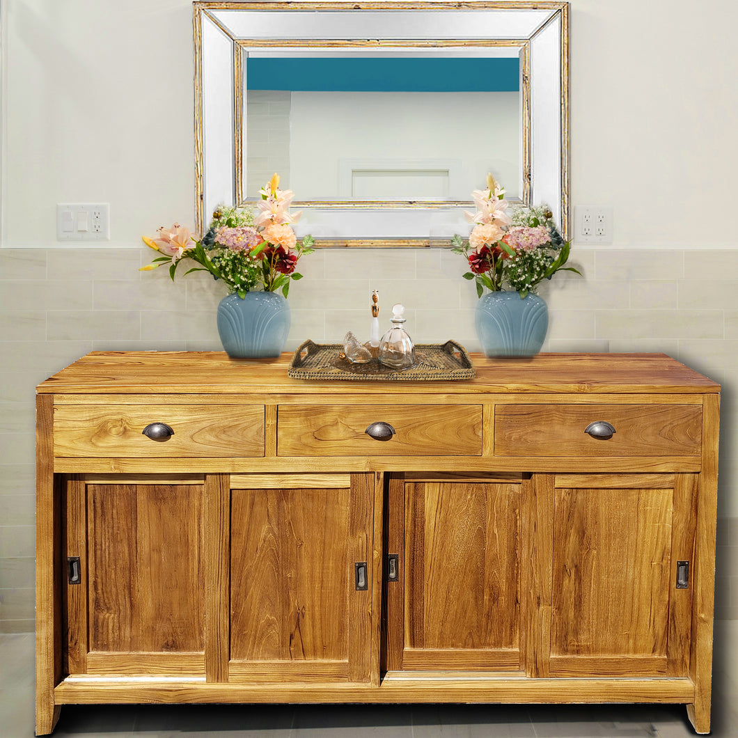 Waxed Teak Wood Bastia Bathroom Linen Cabinet with 3 drawers & 4 sliding doors
