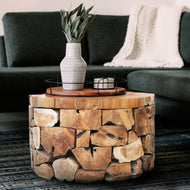 Recycled Teak Wood Round Akar Coffee Table, 28 Inch - Chic Teak