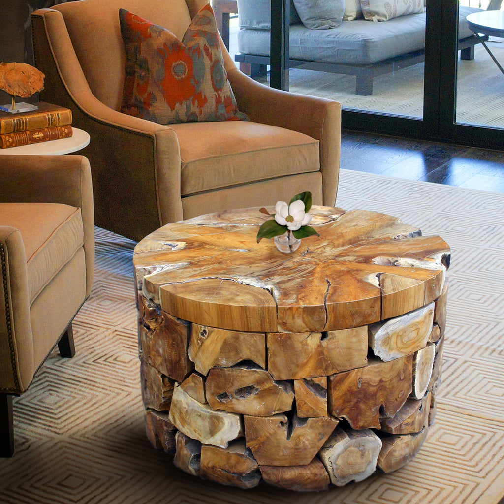 Recycled Teak Wood Round Akar Coffee Table, 28 Inch by Chic Teak only ...