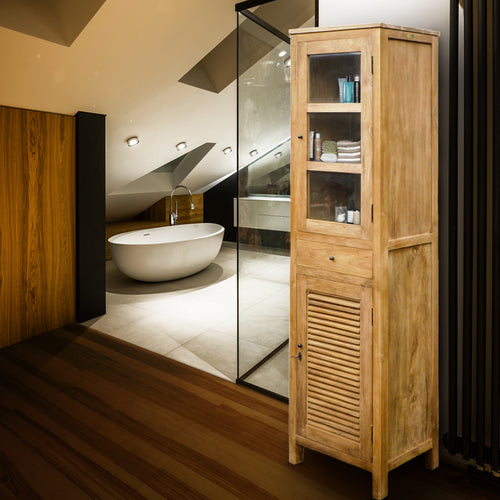 Recycled Teak Wood Lumbrera Vertical Bathroom Linen Cabinet with Glass Door