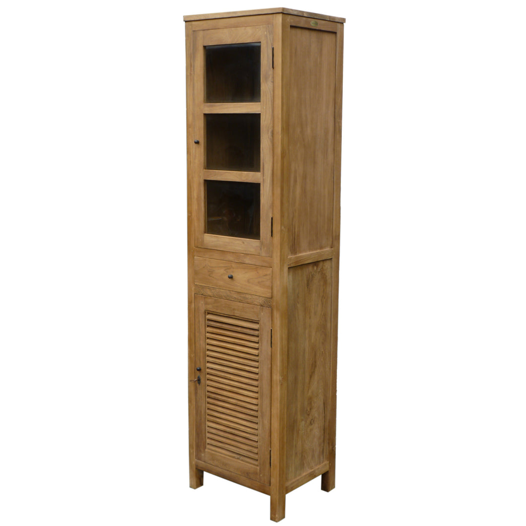 Recycled Teak Wood Louvre Cabinet with Drawer, Louvered Door and Glass ...