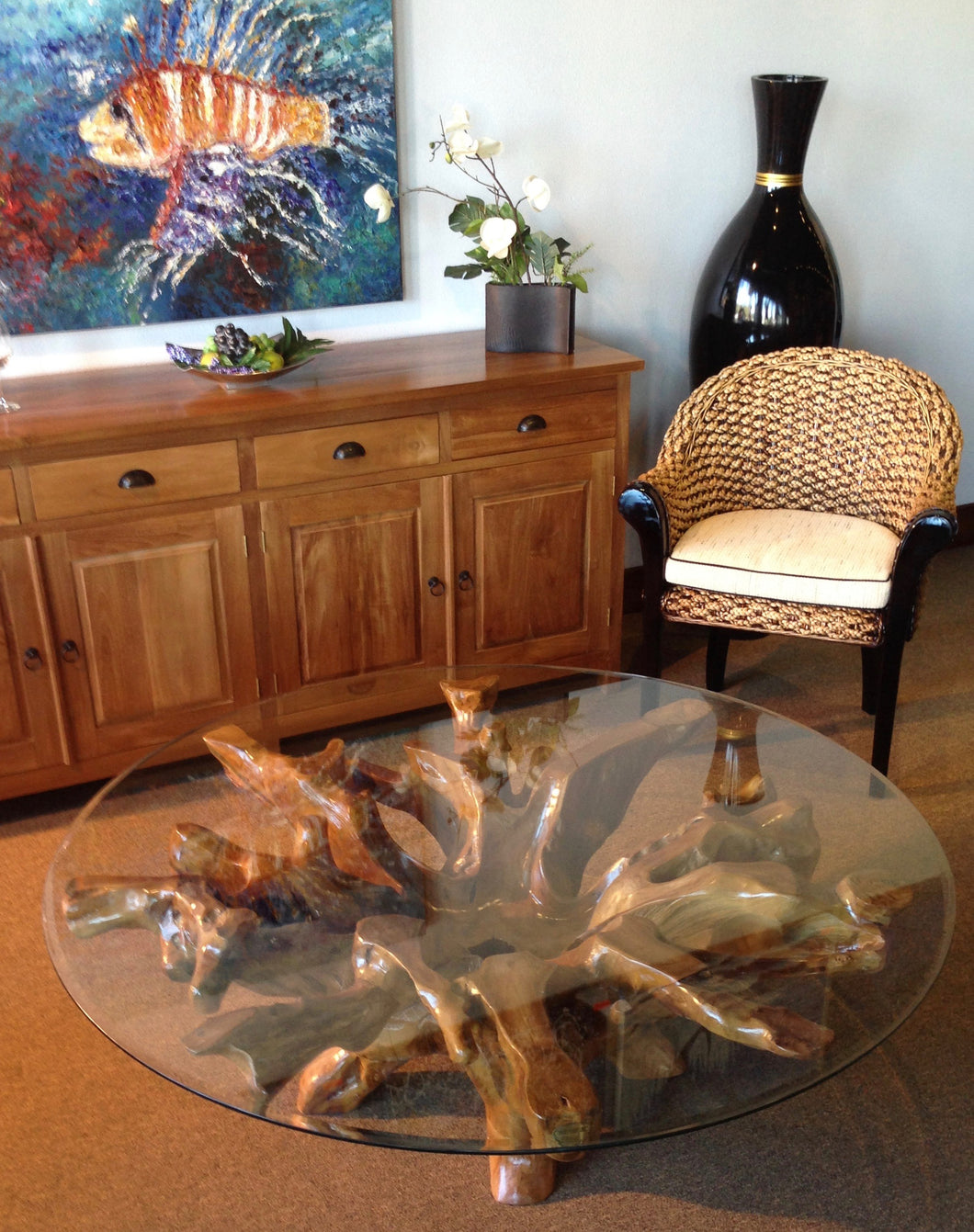 Teak Wood Root Coffee Table including a 63 Round Glass Top by