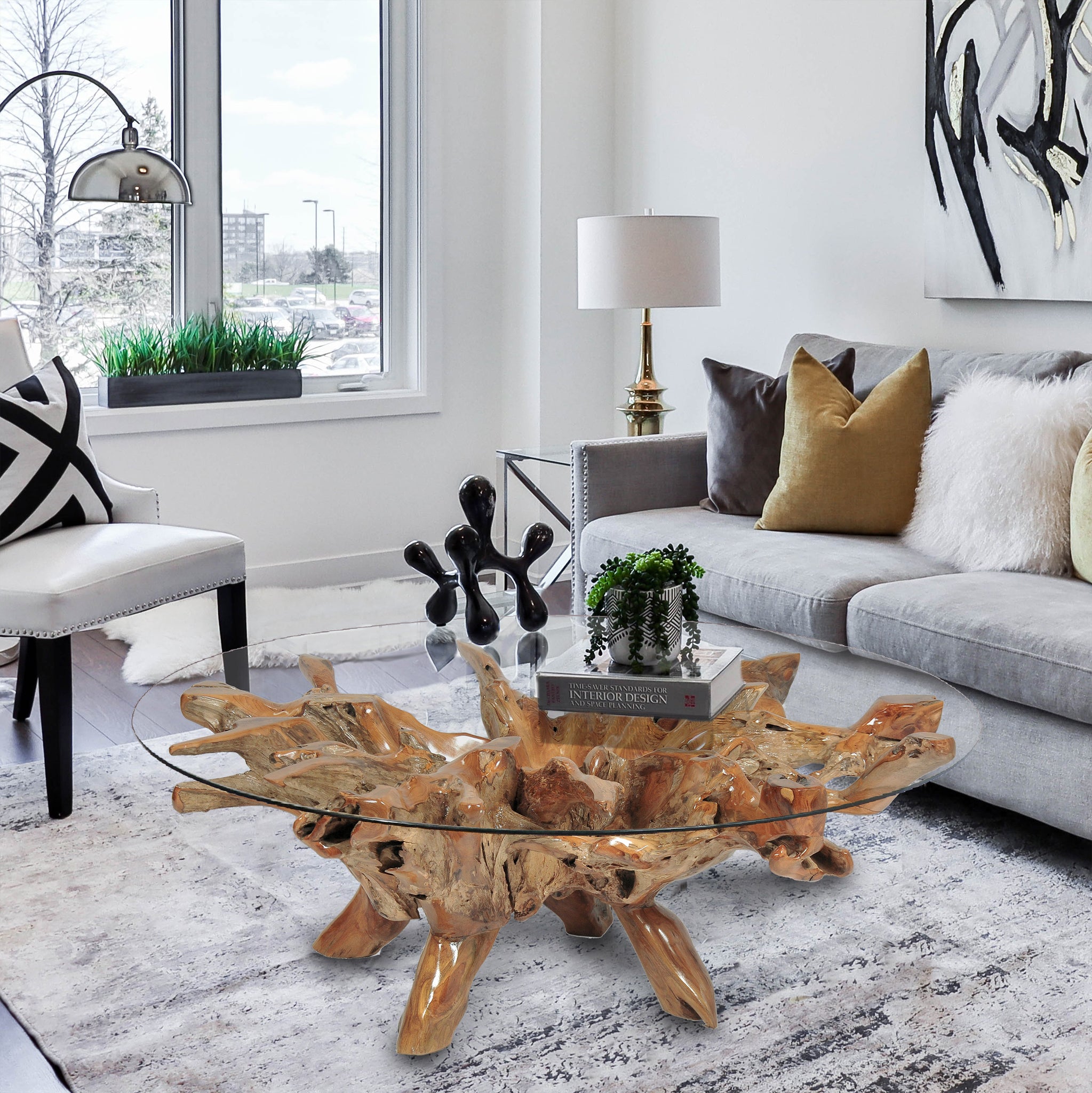 Teak Wood Root Coffee Table Including 55 Inch Round Glass Top by Chic ...