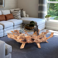Teak Wood Root Coffee Table including a 63" Round Glass Top - Chic Teak