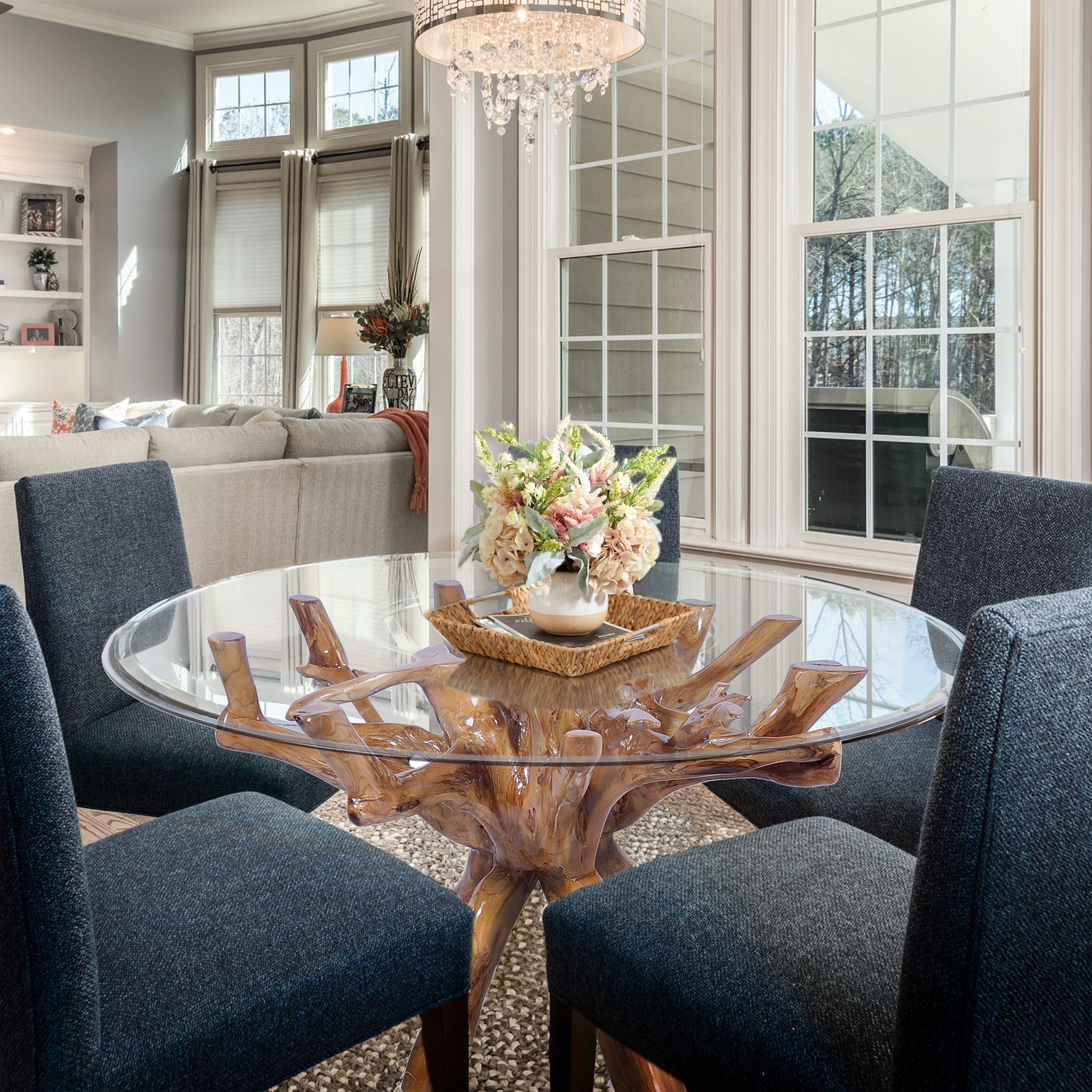 Teak Wood Root Dining Table Including a Round 48 Inch Glass Top by Chic ...