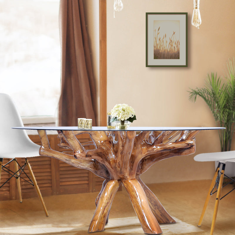 Teak Wood Root Dining Table Including a Round 48 Inch Glass Top by