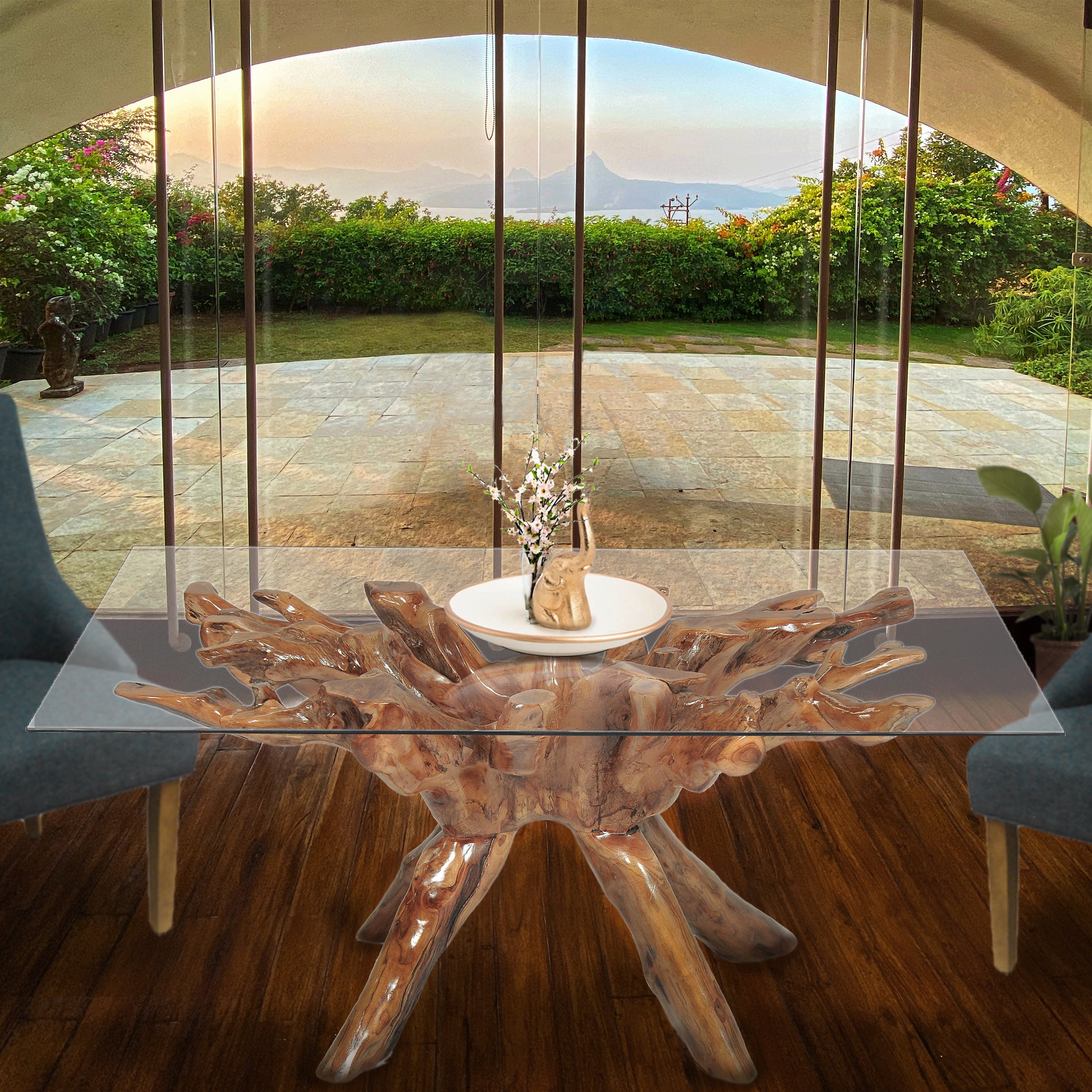Teak Wood Root Dining Table Including 87 x 43 Inch Glass Top by