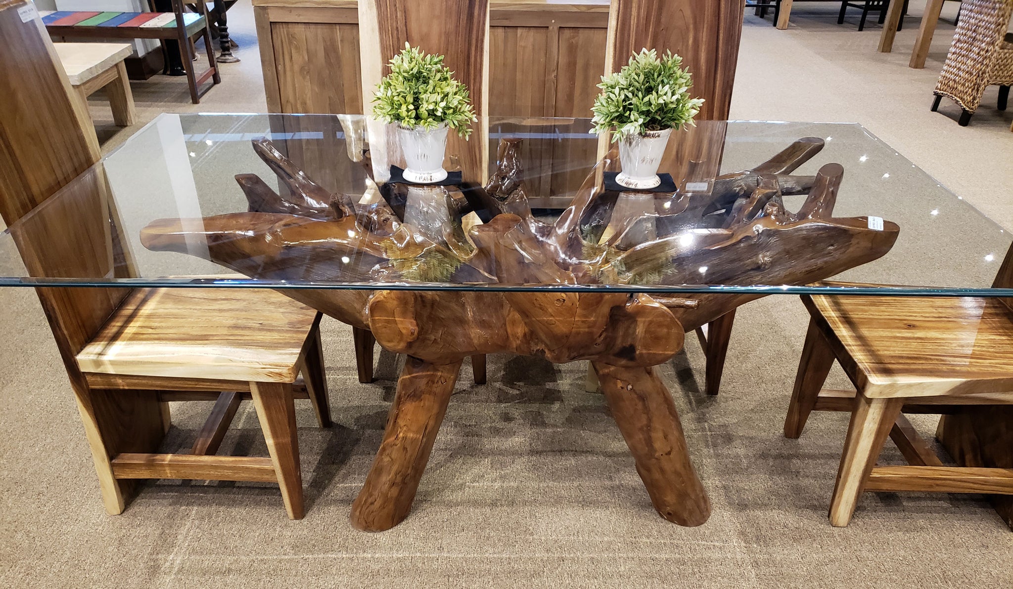 Teak Wood Root Dining Table Including a 71 x 40 Inch Glass Top by Chic ...