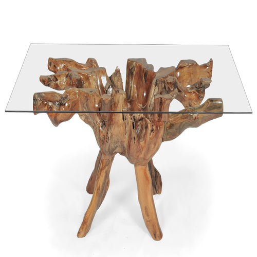 Teak Wood Root Dining Table with 43 inch Square Glass Top