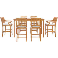 7 Piece Teak Wood Castle 71" Rectangular Large Bistro Bar Set including 2 Barstools with Arms and 4 Barstools