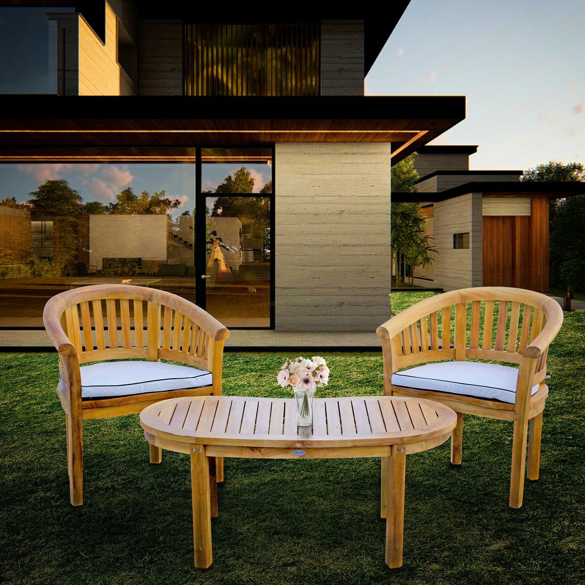 3 Piece Teak Wood Peanut Patio Lounge Set, 2 Chairs & Coffee Table by