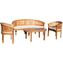 Teak Wood Peanut 4 Piece Patio Lounge Set, Triple Bench, 2 Chairs & Coffee Table - Chic Teak