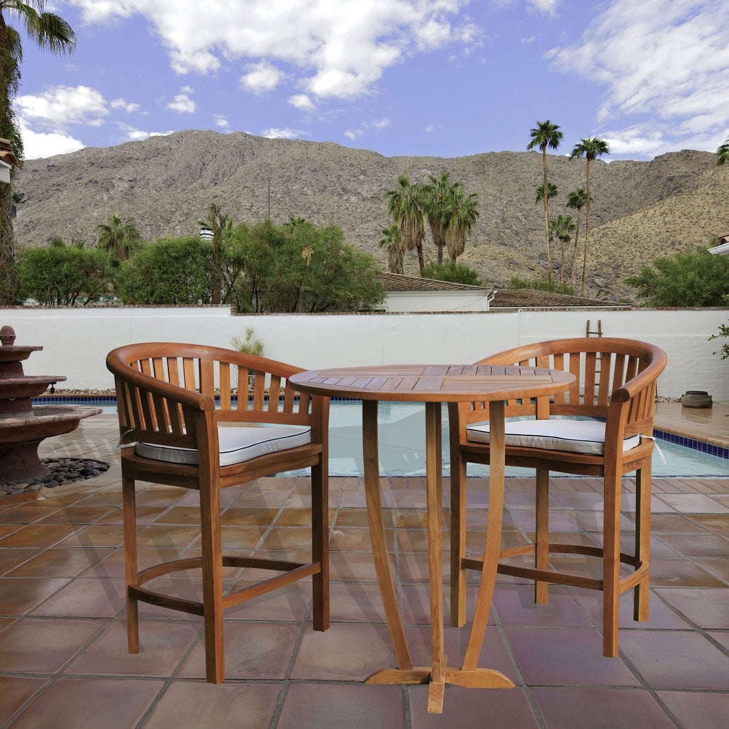 3 Piece Teak Wood Peanut Patio Bar Set, 2 Bar Chairs and 35" Round