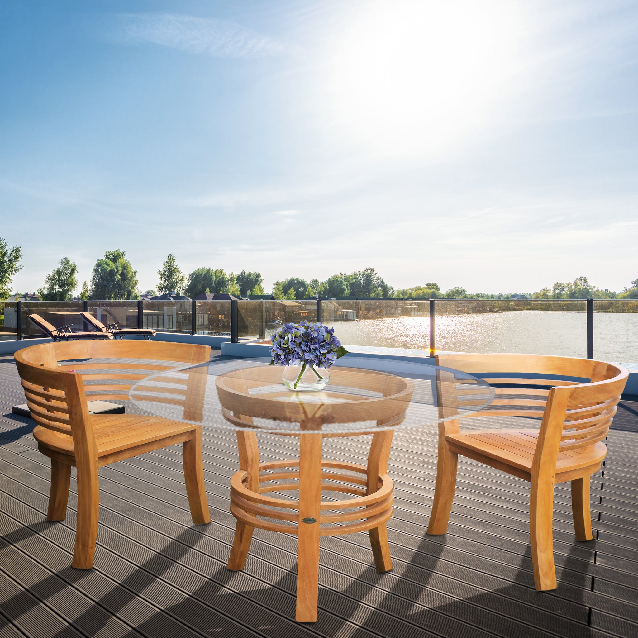 3 Piece Teak Wood Half Moon Patio Dining Set, 2 Chairs and 47" Round