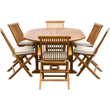 7 Piece Teak Wood Miami Patio Dining Set with Round to Oval Extension Table, 2 Arm Chairs and 4 Side Chairs with Cushions - Chic Teak