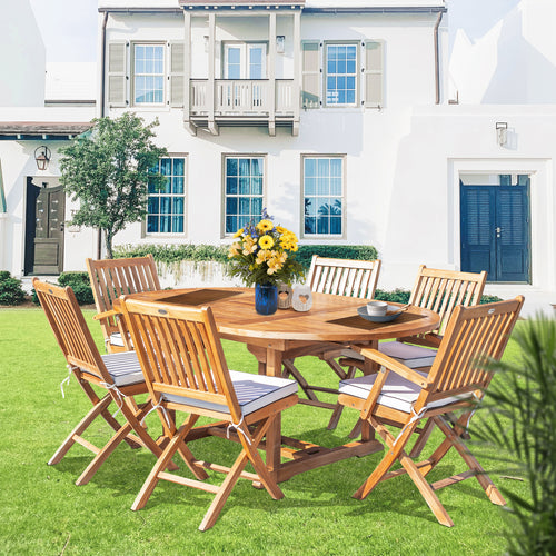 7 Piece Teak Wood Santa Barbara Patio Dining Set with Round to Oval Extension Table, 2 Arm Chairs and 4 Side Chairs with Cushions