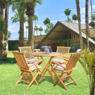 5 Piece Teak Wood California Dining Set with 47" Round Folding Table and 4 Folding Arm Chairs - Chic Teak