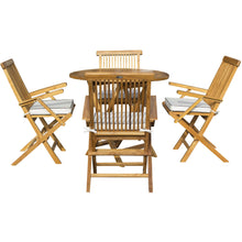 5 Piece Teak Wood California Dining Set with 47" Round Folding Table and 4 Folding Arm Chairs and Cushions - Chic Teak