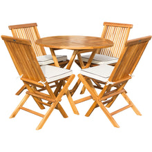 5 Piece Teak Wood California Dining Set with 47" Round Folding Table and 4 Folding Side Chairs and Cushions - Chic Teak