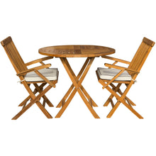 3 Piece Teak Wood Barcelona Patio Dining Set, 36" Round Folding Table with 2 Folding Arm Chairs and Cushions - Chic Teak