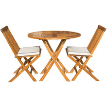 3 Piece Teak Wood Barcelona Patio Dining Set, 36" Round Folding Table with 2 Folding Side Chairs and Cushions - Chic Teak