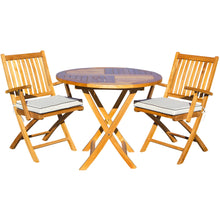 3 Piece Teak Wood Santa Barbara Patio Dining Set, 36" Round Folding Table with 2 Folding Arm Chairs and Cushions - Chic Teak