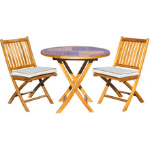 3 Piece Teak Wood Santa Barbara Patio Dining Set, 36" Round Folding Table with 2 Folding Side Chairs and Cushions - Chic Teak