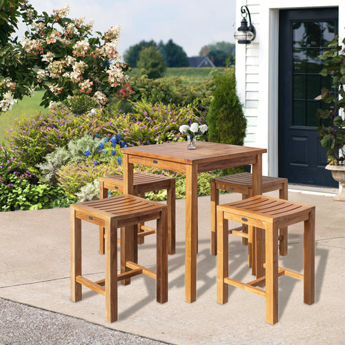 5 Piece Teak Wood Seville Small Counter Height Patio Bistro Set, 4 Counters Stools and 27