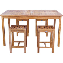 5 Piece Teak Wood Antigua Patio Counter Height Bistro Set with 63" Rectangular Table and 4 Stools - Chic Teak