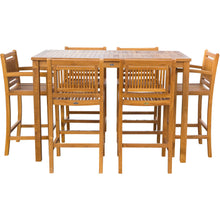 7 Piece Teak Wood Maldives Patio Bistro Bar Set, 63" Bar Table, 2 Barstools with Arms and 4 Armless Barstools - Chic Teak