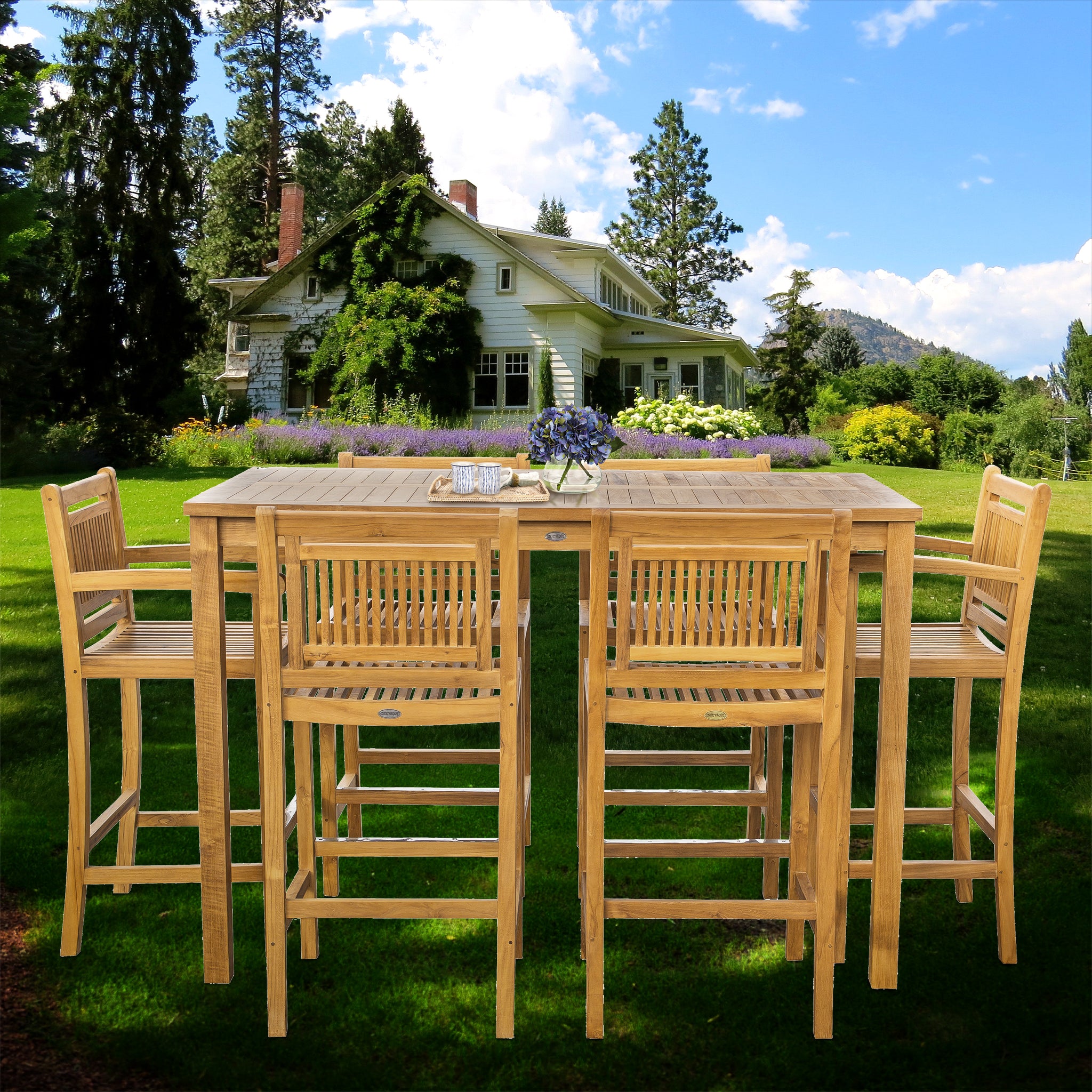 7 Piece Teak Wood Maldives Patio Bistro Bar Set, 63" Bar Table, 2